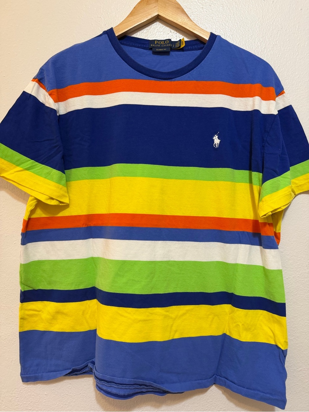 Polo by Ralph Lauren Blue Multi-Color Striped Cotton Tee size LARGE